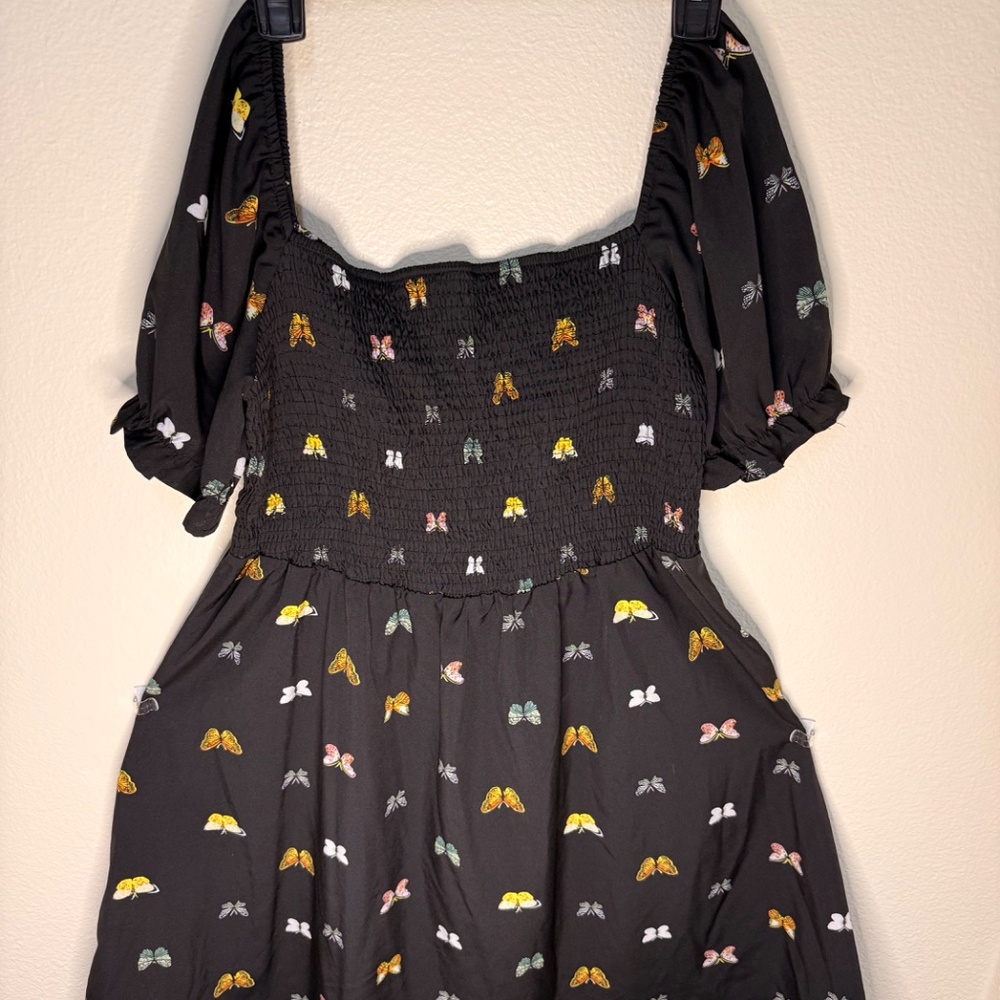 SHEIN Curve Butterfly Print Smock Fit & Flare Puff Sleeve Dress 1XL Black Women - Picture 4 of 7